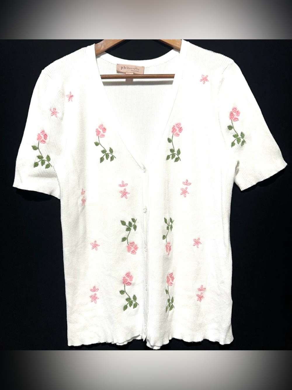 Y2K Rose Embroidered Ribbed Cardigan Top Coquette Fairycore Balletcore Romantic